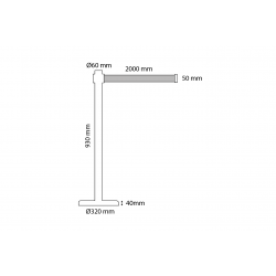 Poste separador gris con cinta extensible negra. Croquis