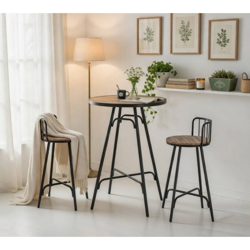 MESA ALTA REDONDA DE METAL Y MADERA con TABURETE 24562