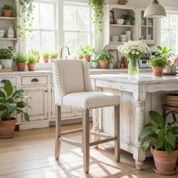 TABURETE CLASICO TAPIZADO EN LINO PATAS DE MADERA