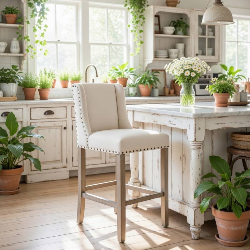 TABURETE CLASICO TAPIZADO EN LINO PATAS DE MADERA