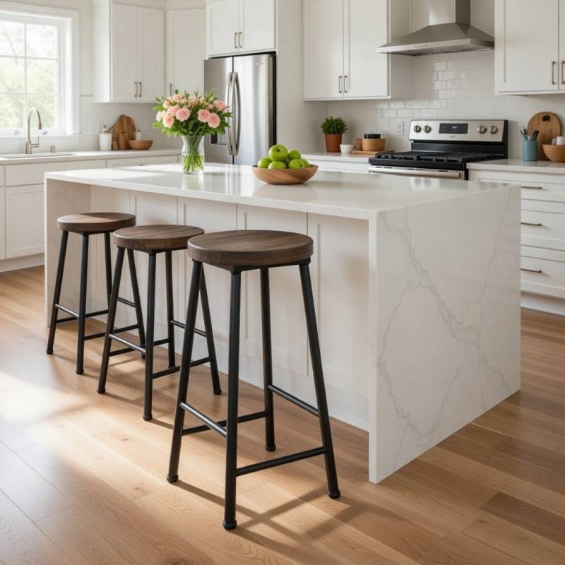 TABURETE DE METAL CON ASIENTO DE MADERA EN UNA ISLA