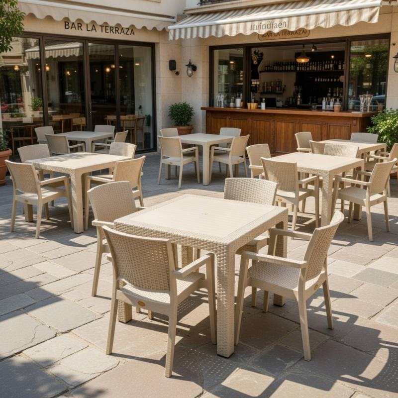 KIT DE JARDIN IMITACION RATTAN CAPUCHINO MESA 90x90 cm PARA USO PROFESIONAL