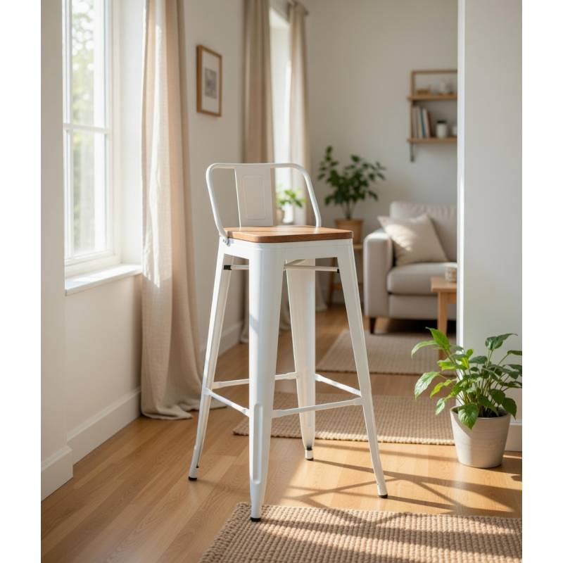 Taburete alto de acero blanco y asiento de madera