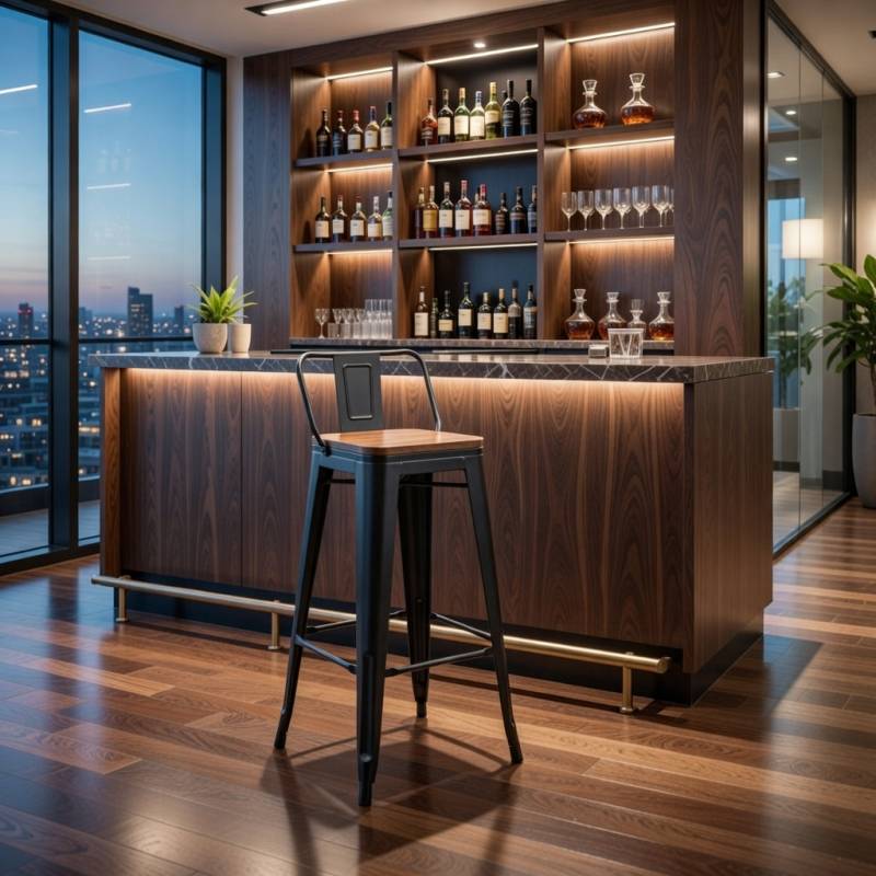 Taburete alto de acero negro y asiento de madera