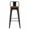 Taburete alto de acero negro y asiento de madera frontal