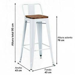 Taburete alto de acero blanco y asiento de madera medidas