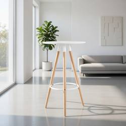 MESA ALTA REDONDA CON PATAS EN HAYA TAPA BLANCA