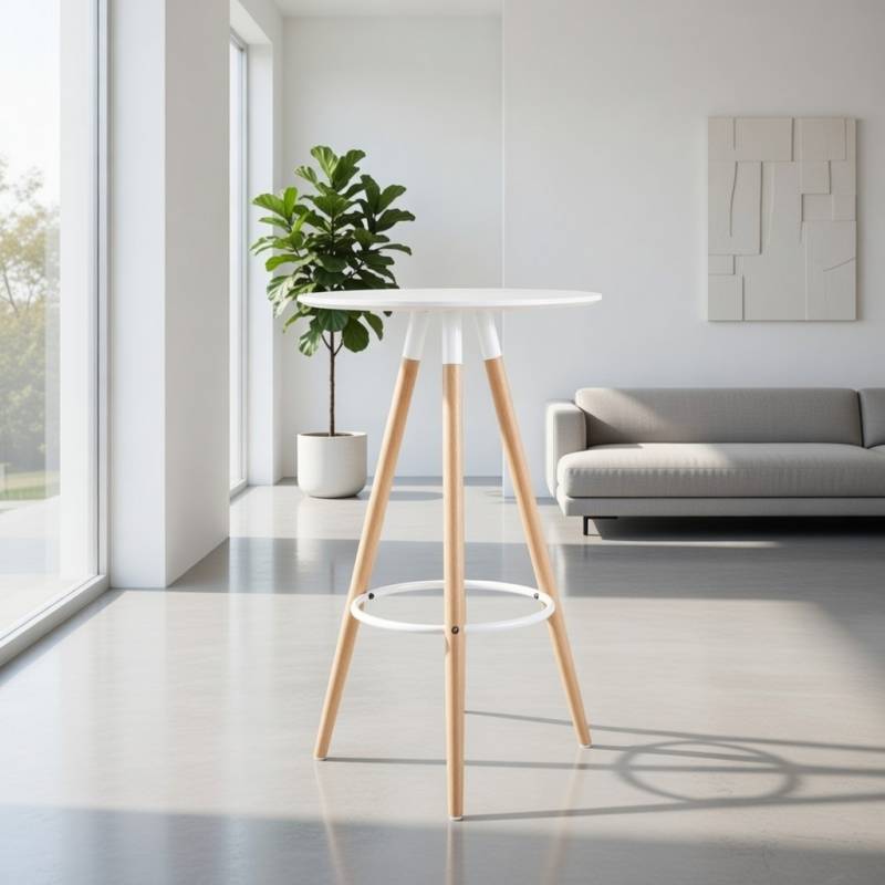 MESA ALTA REDONDA CON PATAS EN HAYA TAPA BLANCA