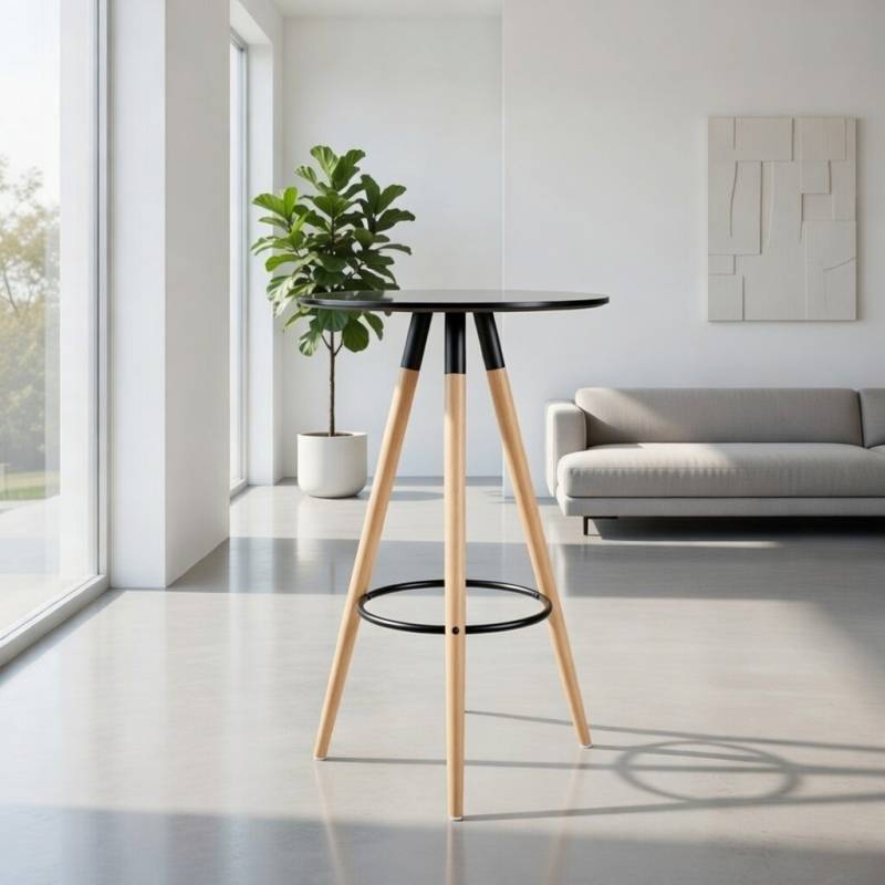 MESA ALTA REDONDA CON PATAS EN HAYA TAPA NEGRA