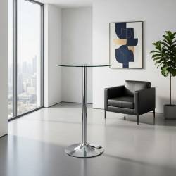 MESA ALTA REDONDA BASE CROMADA Y TAPA DE CRISTAL