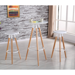 Taburete asiento blanco en polipropileno y patas de madera maciza con mesa a juego