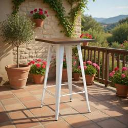 MESA ALTA CUADRADA ACERO BLANCO Y TAPA DE MADERA