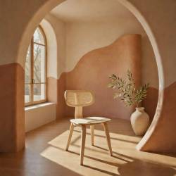 Silla de madera contrachapada de hevea y respaldo de rejilla