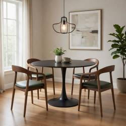 Mesa redonda con base de metal tapa negra sillas no incluidas