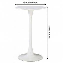 Mesa alta redonda de 60 cm con base de metal y tapa lacada en blanco medidas