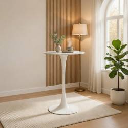 Mesa alta redonda de 60 cm con base de metal y tapa lacada en blanco