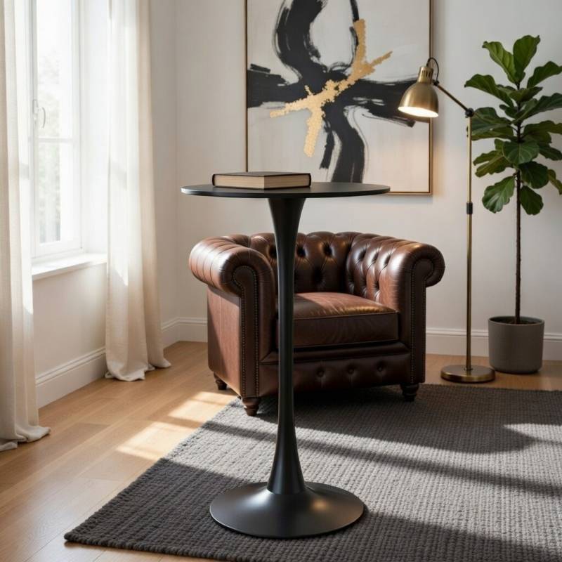 Mesa alta redonda de 60 cm con base de metal y tapa lacada en negro