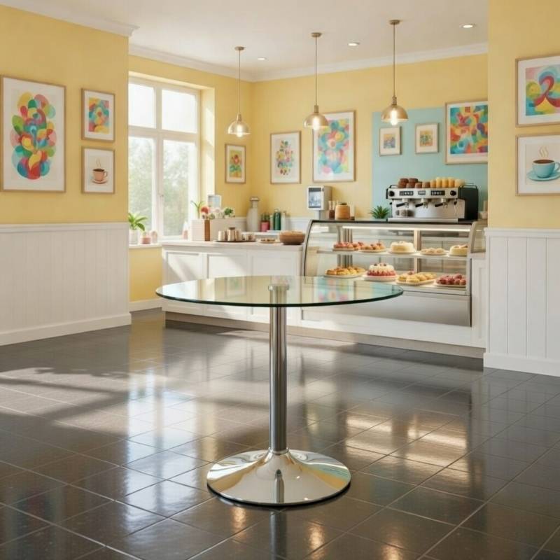 MESA DE CRISTAL REDONDA 70 cm BASE CROMADA