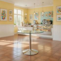 MESA DE CRISTAL REDONDA 70 cm BASE CROMADA 3