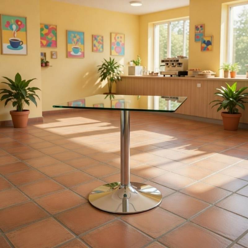 MESA DE CRISTAL CUADRADA 70 cm BASE CROMADA