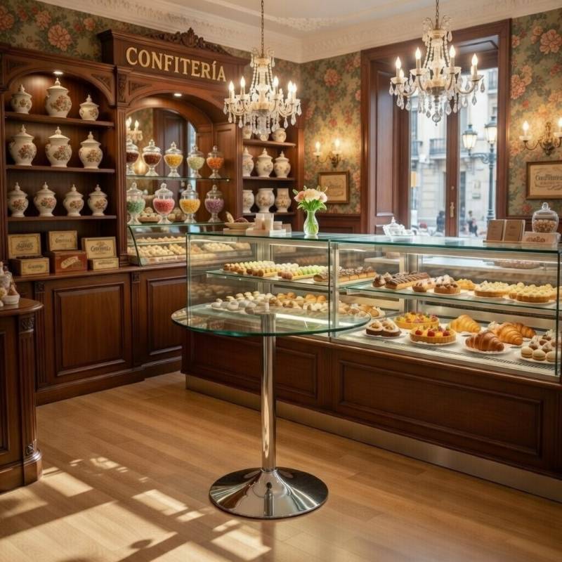 MESA DE CRISTAL REDONDA 80 cm BASE CROMADA