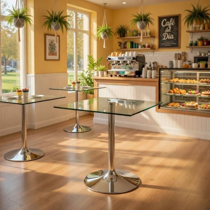 MESA DE CRISTAL CUADRADA 80 cm BASE CROMADA