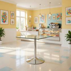 MESA DE CRISTAL CUADRADA 80 cm BASE CROMADA 3