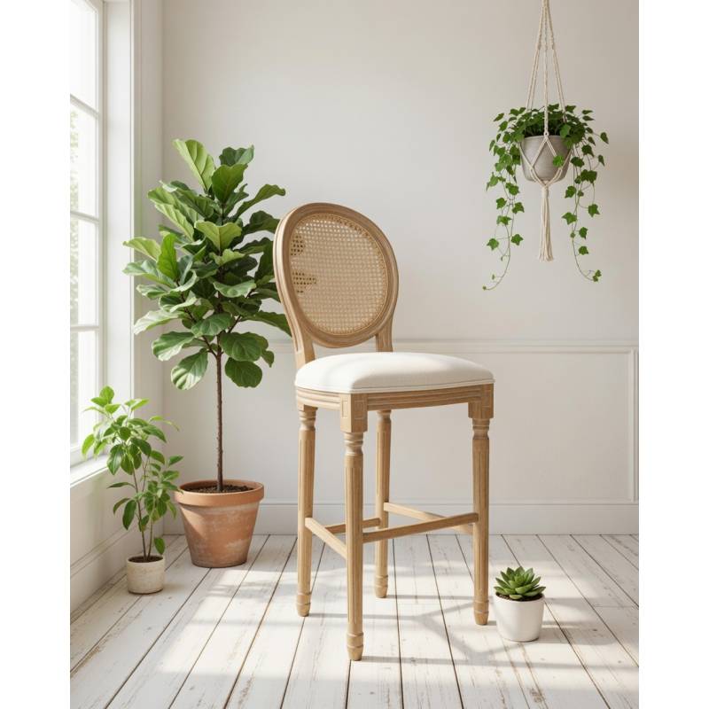 TABURETE ALTO DE MADERA ASIENTO TAPIZADO Y RESPALDO DE REJILLA