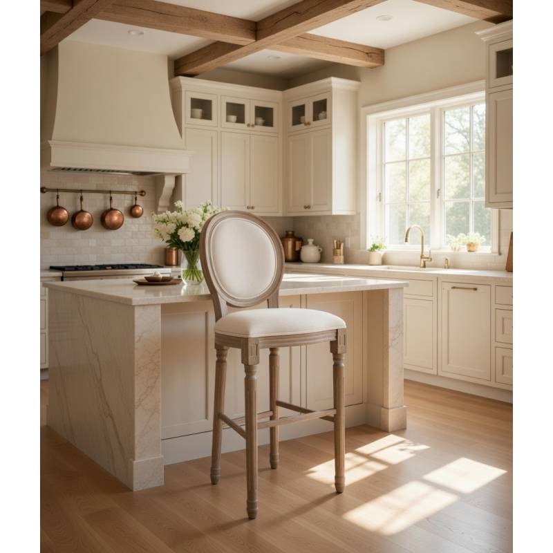 TABURETE ALTO DE MADERA TAPIZADO EN CREMA