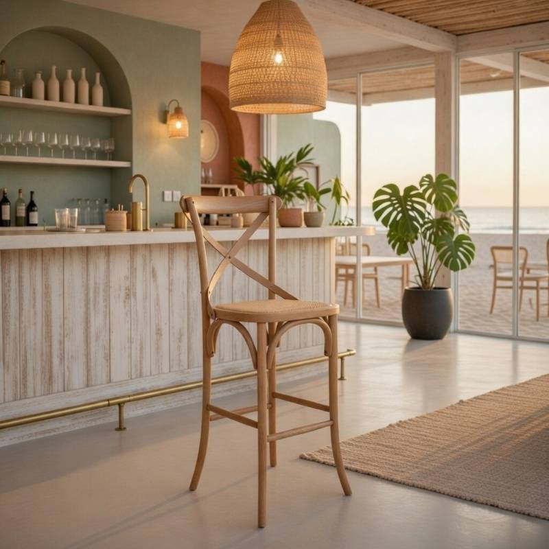 TABURETE ALTO EN MADERA NATURAL DE ABEDUL Y ASIENTO EN RATAN