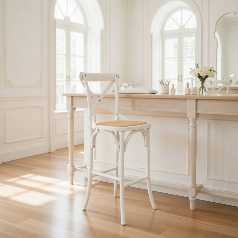 TABURETE ALTO EN MADERA ACABADA EN BLANCO Y ASIENTO EN RATAN