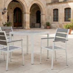 CONJUNTO DE JARDIN 4 SILLONES Y MESA 80x80 CM EN METAL Y POLYWOOD GRIS