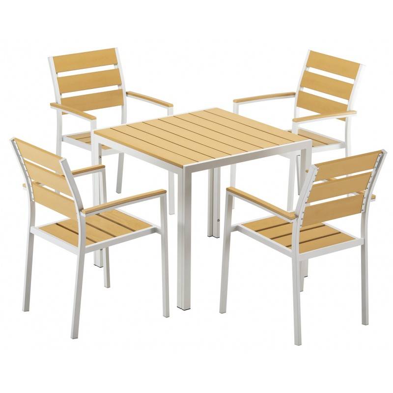 CONJUNTO DE JARDIN 4 SILLONES Y MESA 80x80 CM EN METAL Y POLYWOOD AMARILLO