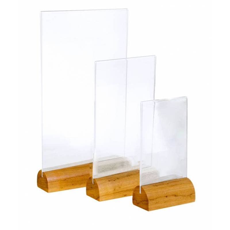 Portagráfica vertical con base ovalada de madera